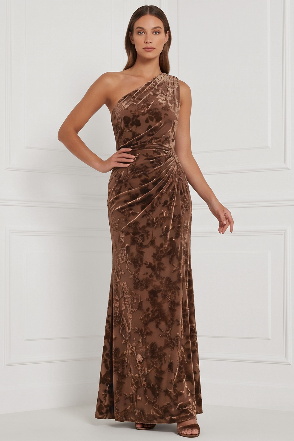 Blue Velvet One Shoulder Sheath Ruched Long Holiday Party Dress
