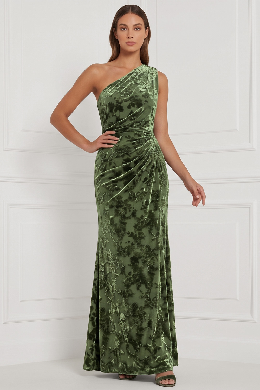 Blue Velvet One Shoulder Sheath Ruched Long Holiday Party Dress