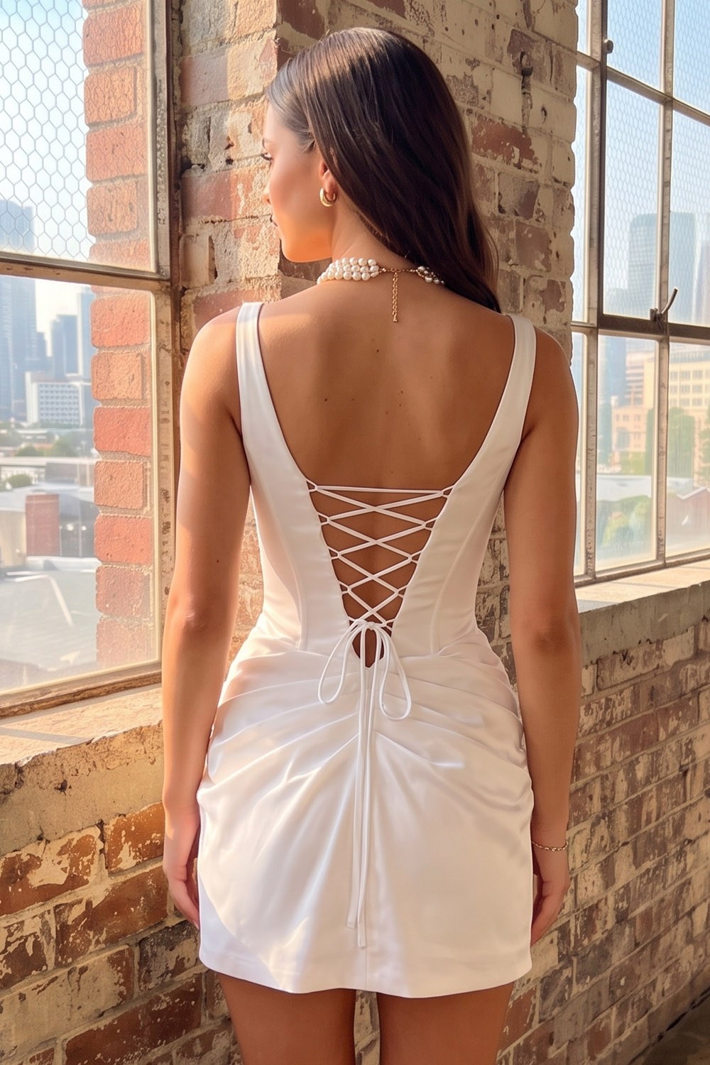 White Corset Bodycon Thick Straps Ruched Short Bridal Shower Dress