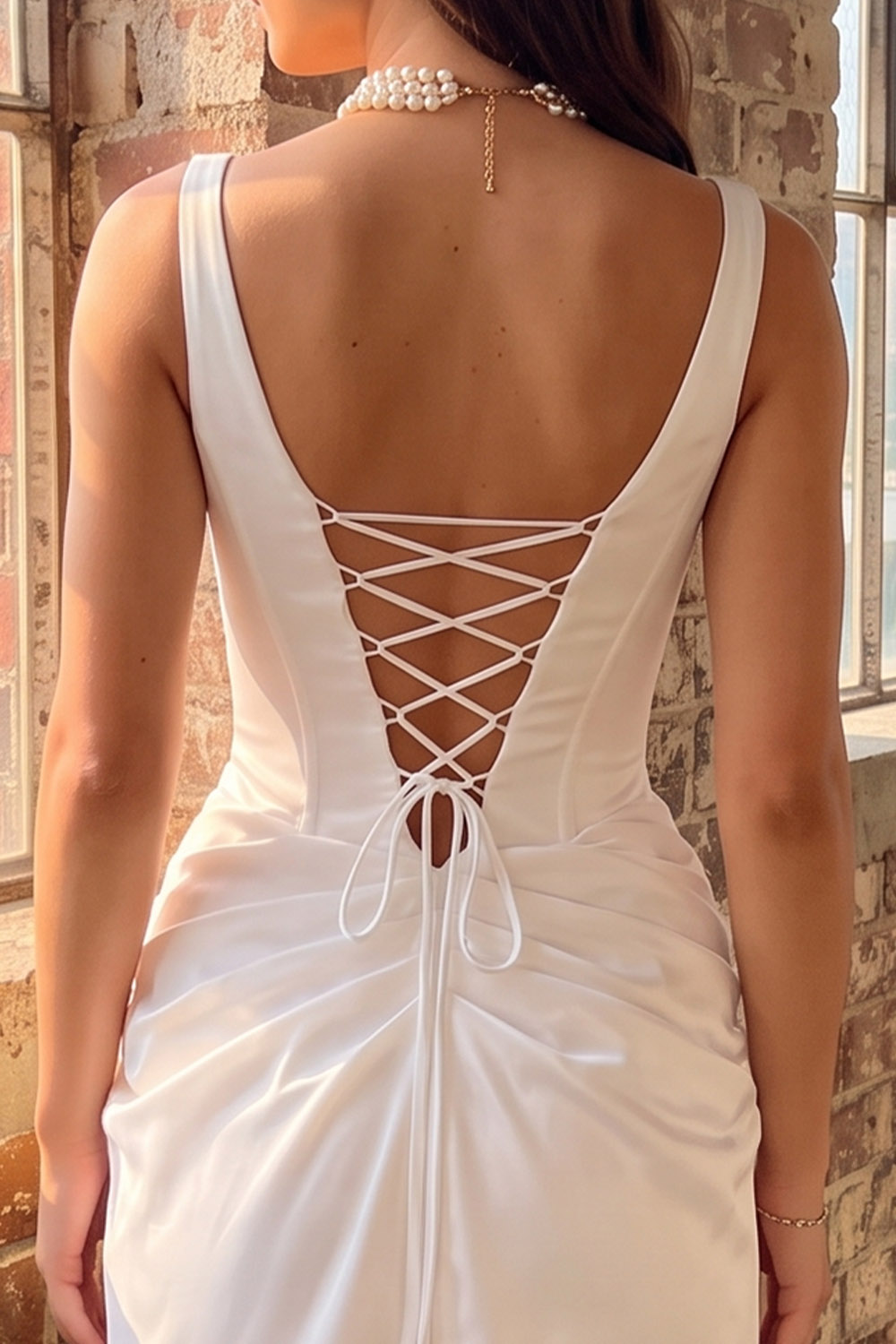White Corset Bodycon Thick Straps Ruched Short Bridal Shower Dress