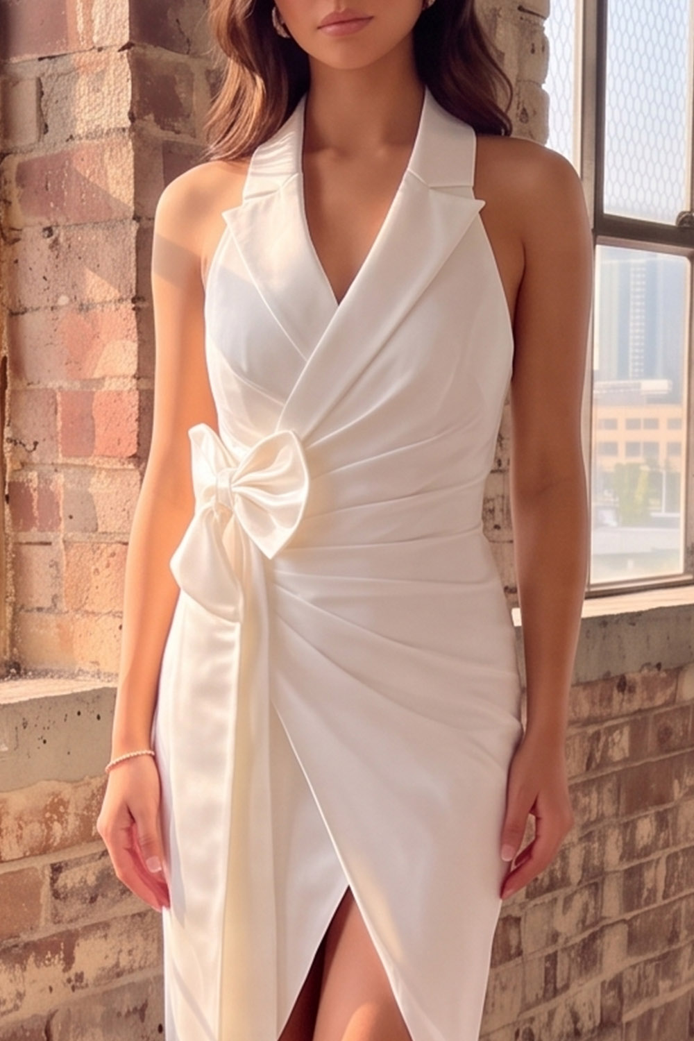 White Sheath Ruched Midi Rehearsal Dinner Dress with Bow