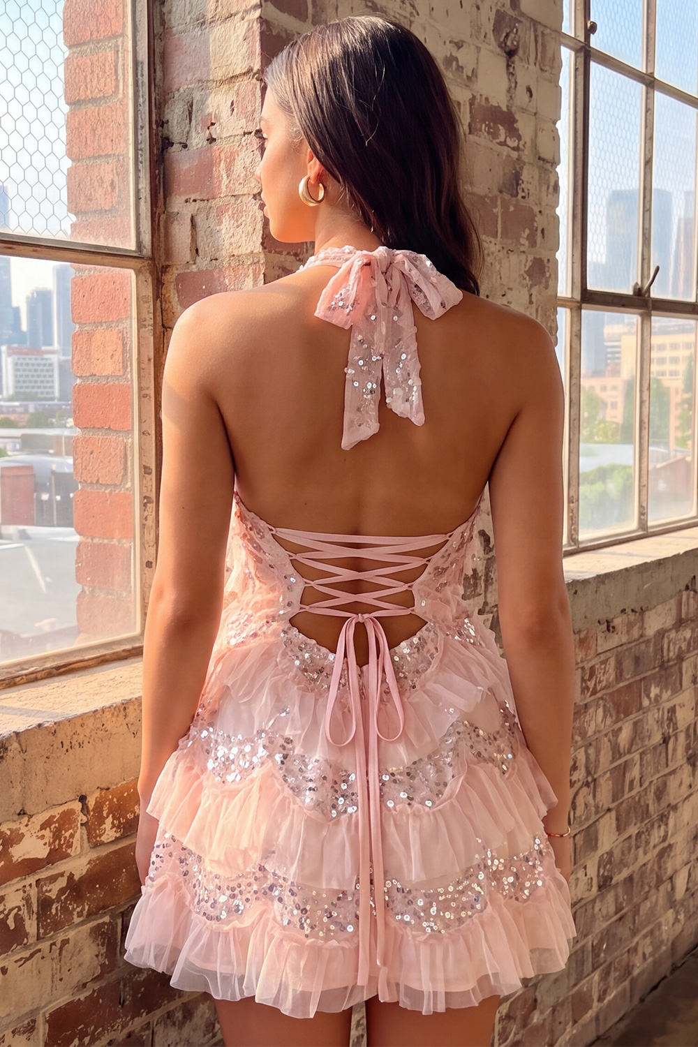 Light Pink Halter Sparkly Ruffled Short Birthday Dress with Sequins