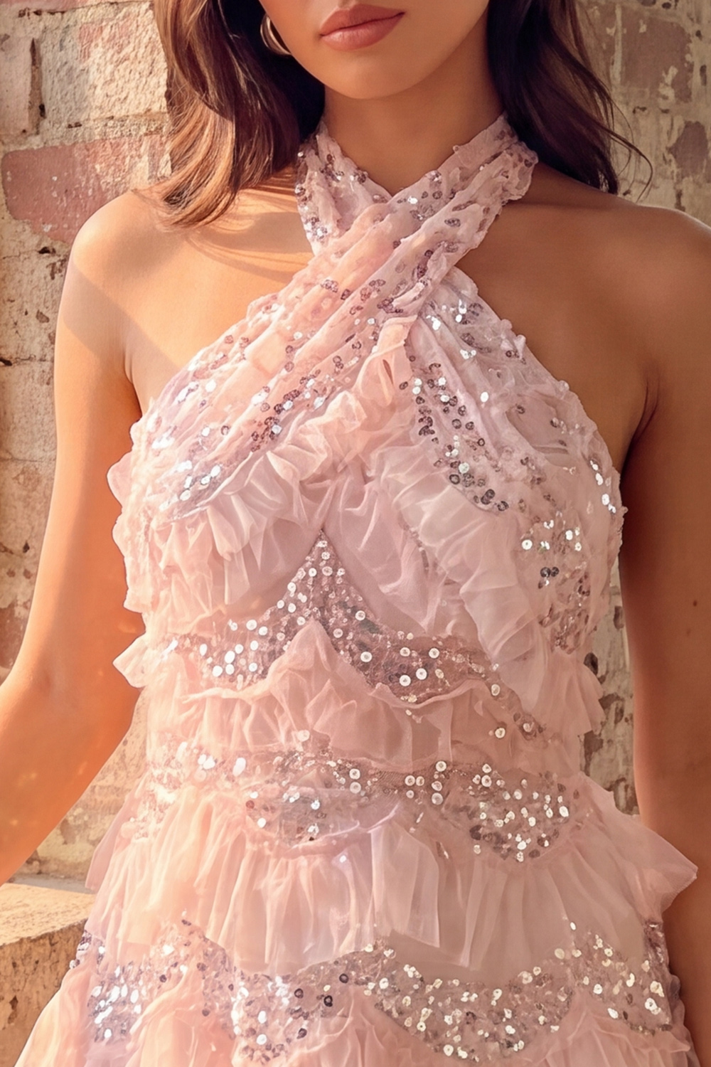 Light Pink Halter Sparkly Ruffled Short Birthday Dress with Sequins