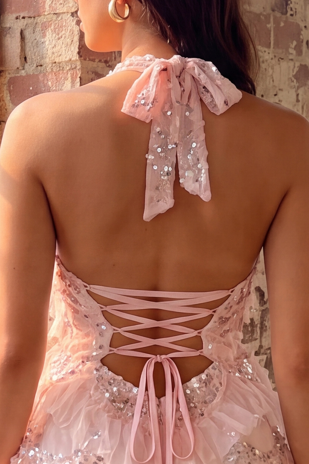 Light Pink Halter Sparkly Ruffled Short Birthday Dress with Sequins