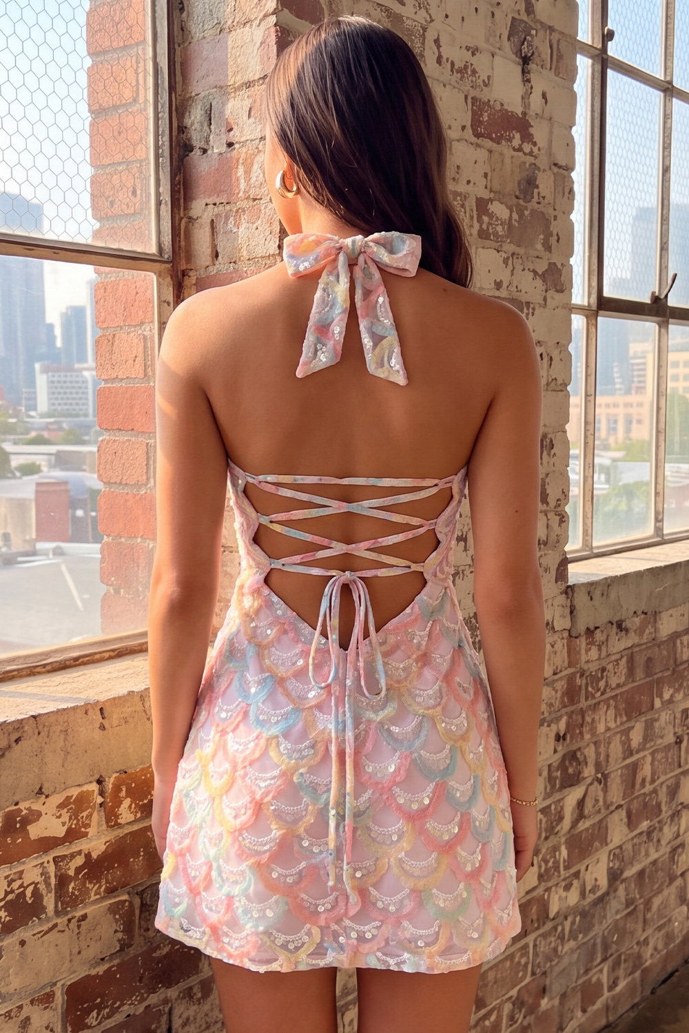 Pink Sparkly Sequin Halter A Line Short Birthday Dress