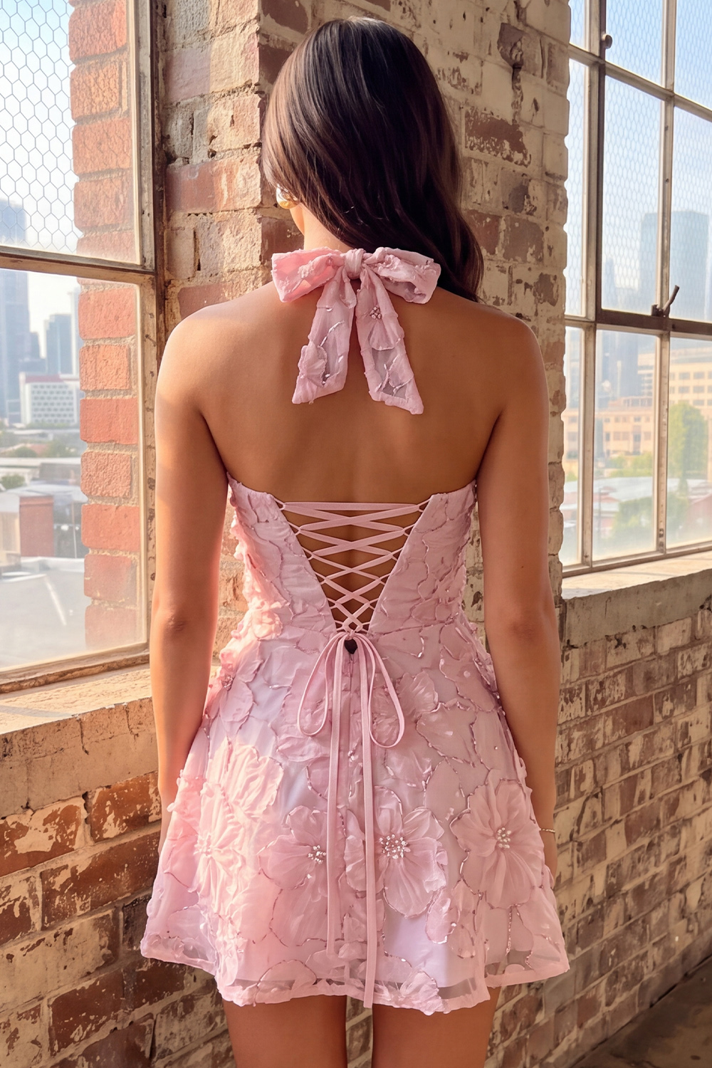 Pink Halter A-Line Floral Short Birthday Dress with Bow