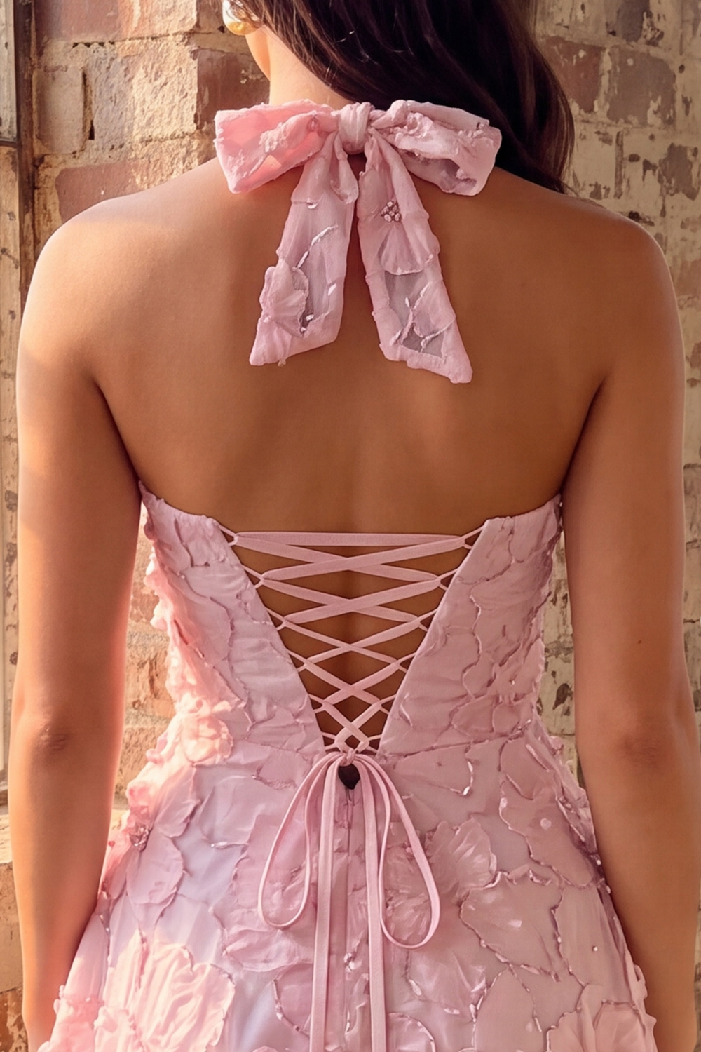 Pink Halter A-Line Floral Short Birthday Dress with Bow