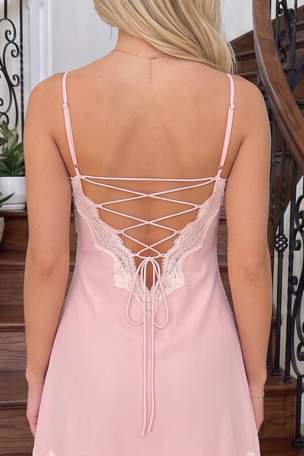 Pink V-Neck Lace Up Back Short Birthday Dress with Lace