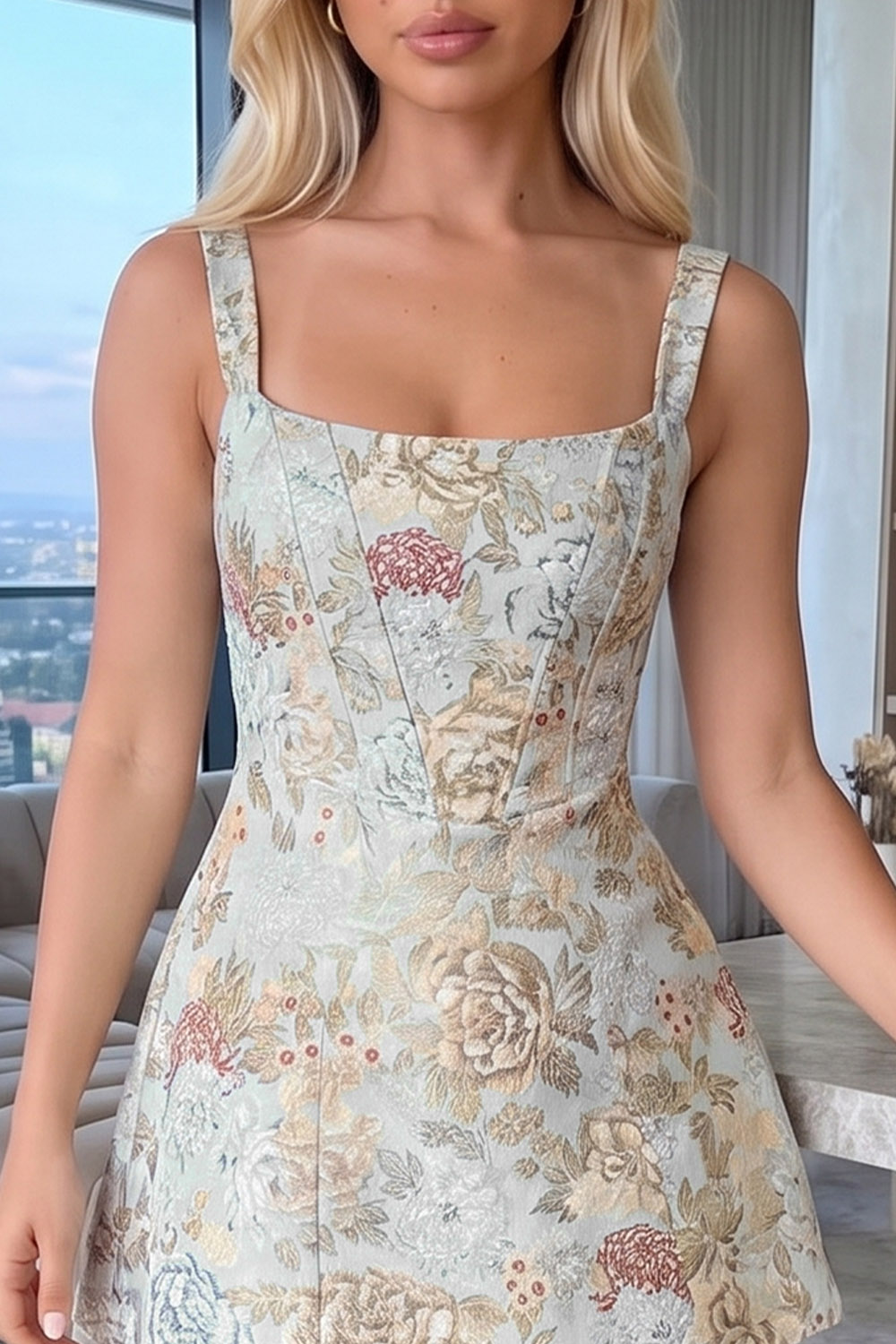 Dusty Blue Corset Square Neck Floral Short Birthday Dress