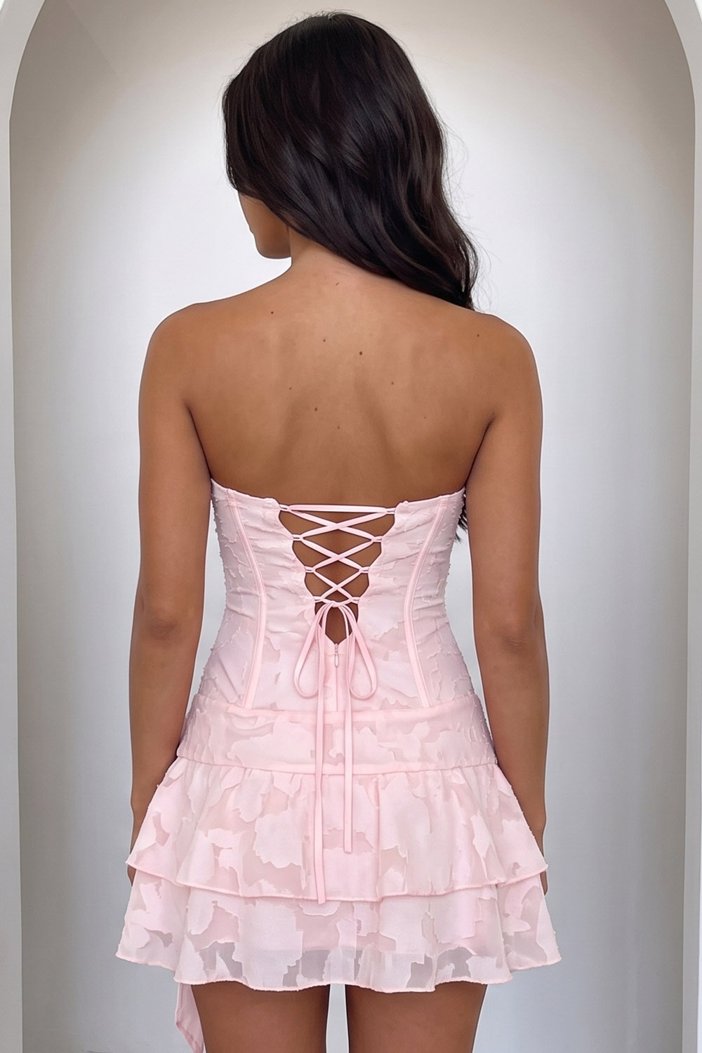 Pink Corset Strapless Tiered Short Birthday Dress with Bow