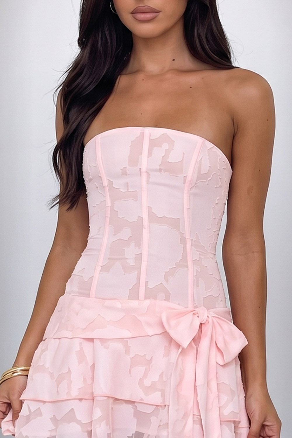 Pink Corset Strapless Tiered Short Birthday Dress with Bow