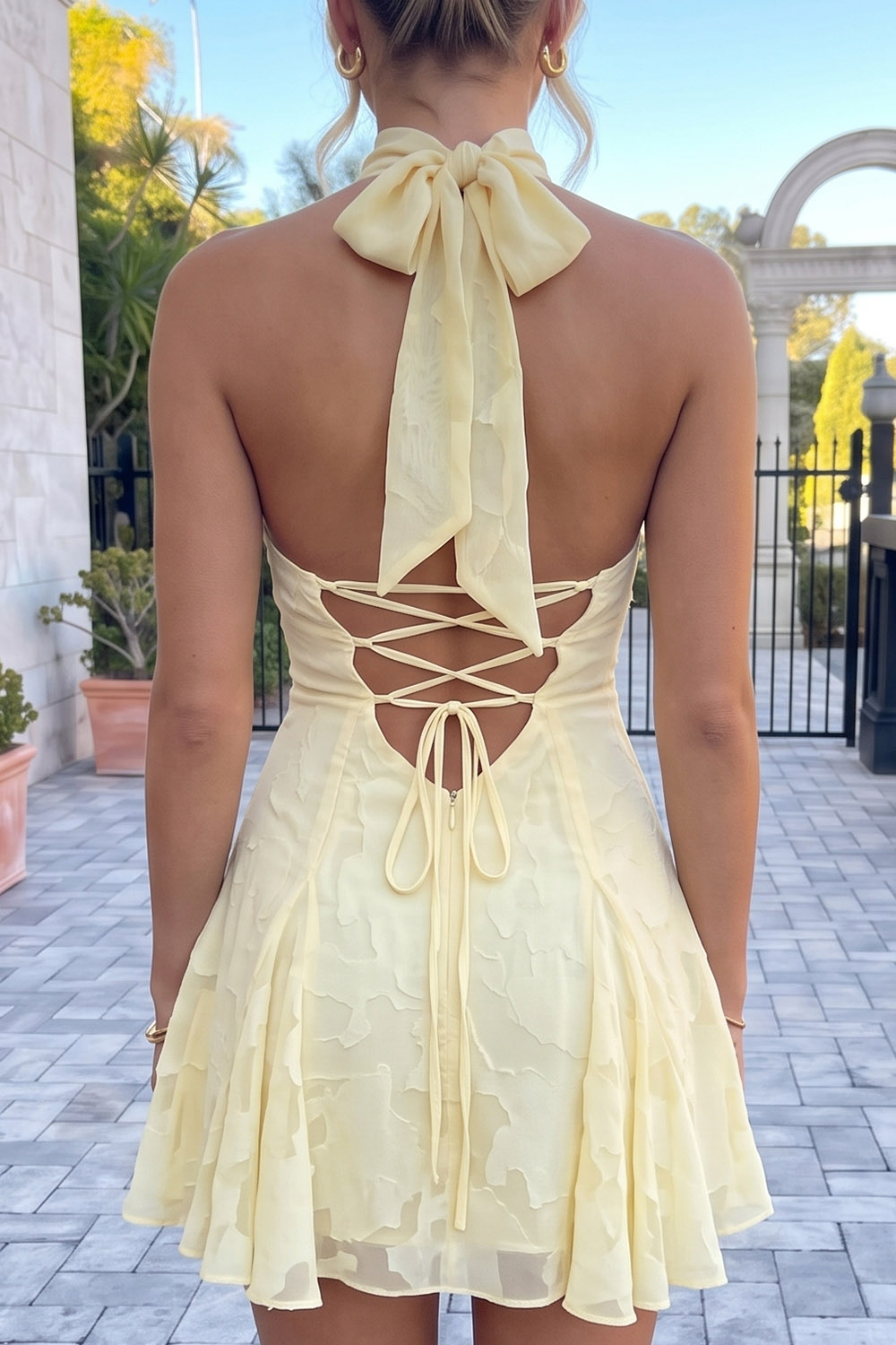 Daffodil Lace Up Back High Neck Short Birthday Dress with Bow