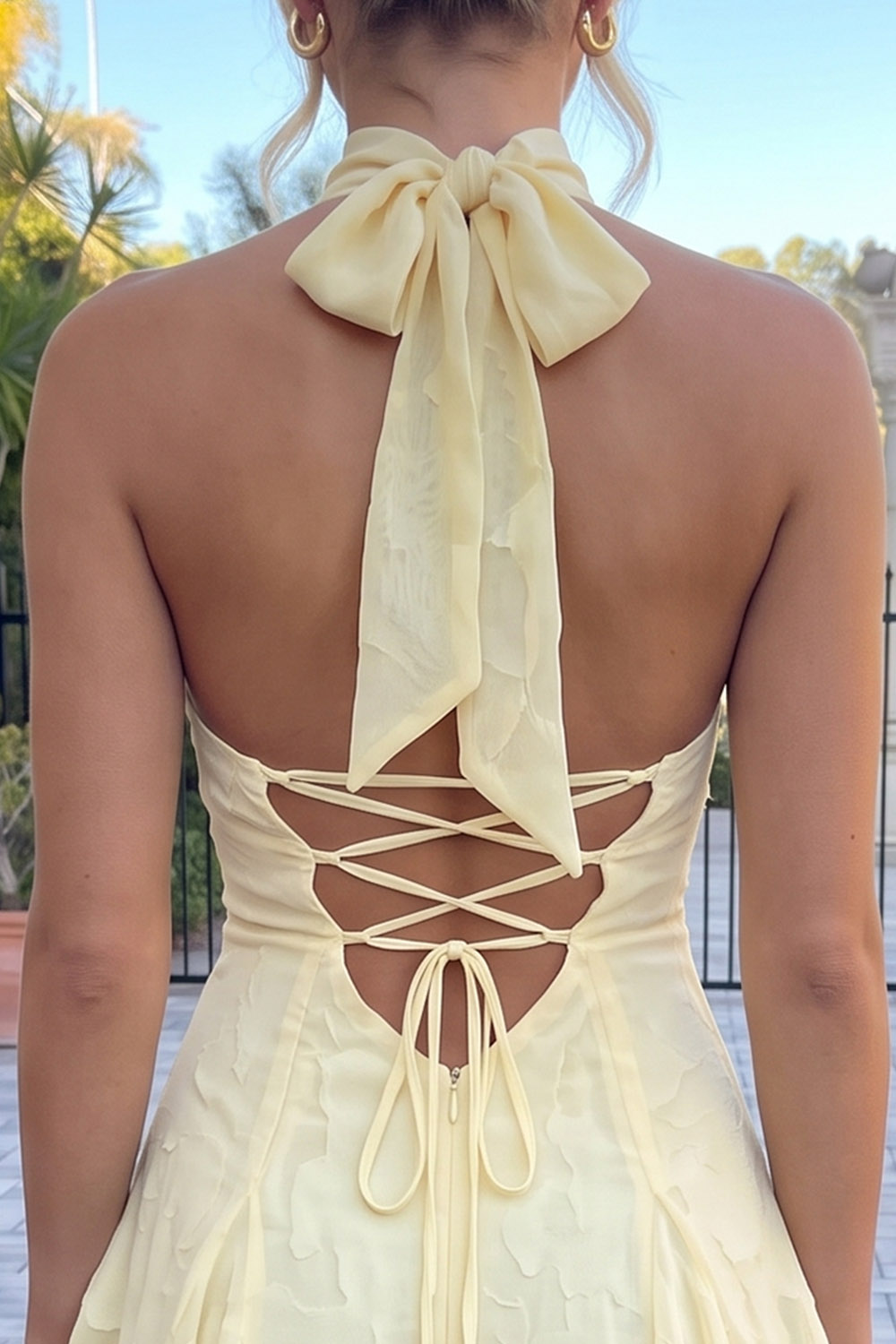 Daffodil Lace Up Back High Neck Short Birthday Dress with Bow