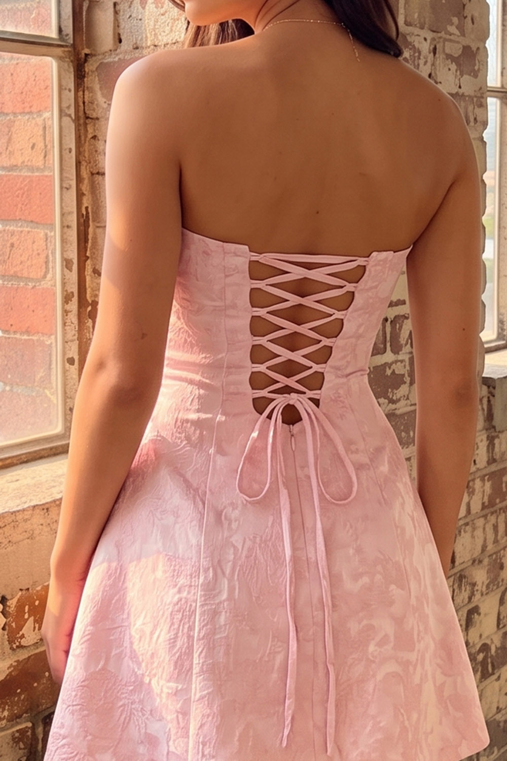 Floral Pink Jacquard Strapless A Line Short Birthday Dress
