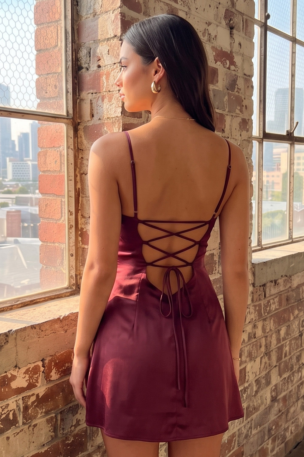 Burgundy Spaghetti Straps Short Birthday Dress with Beading
