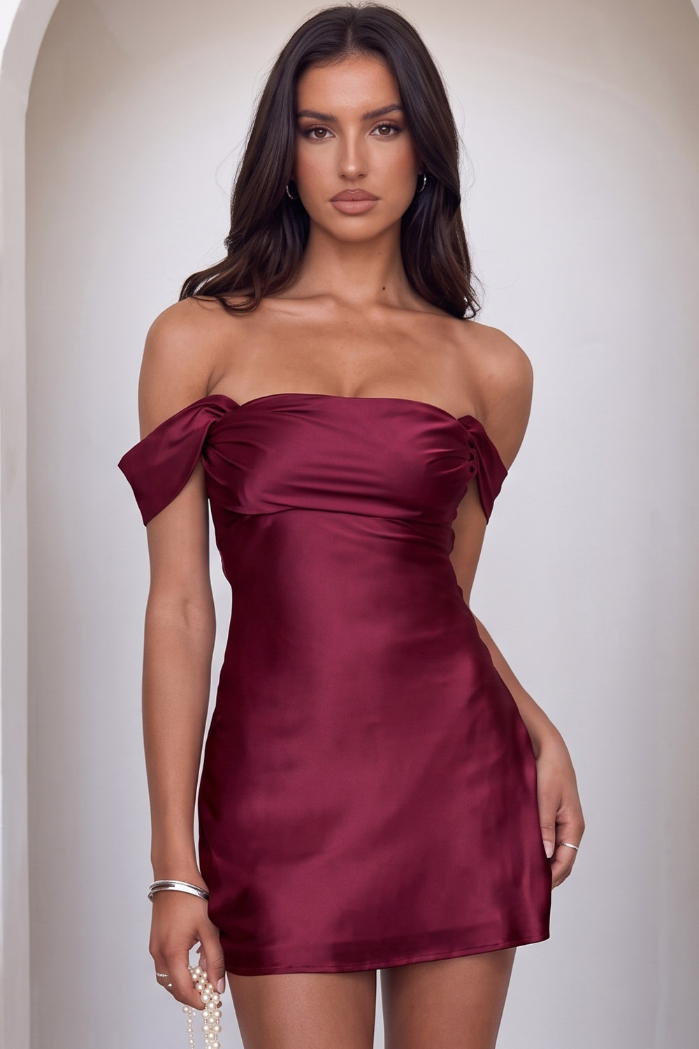 Pink Satin Bodycon Off the Shoulder Ruched Short Birthday Dress