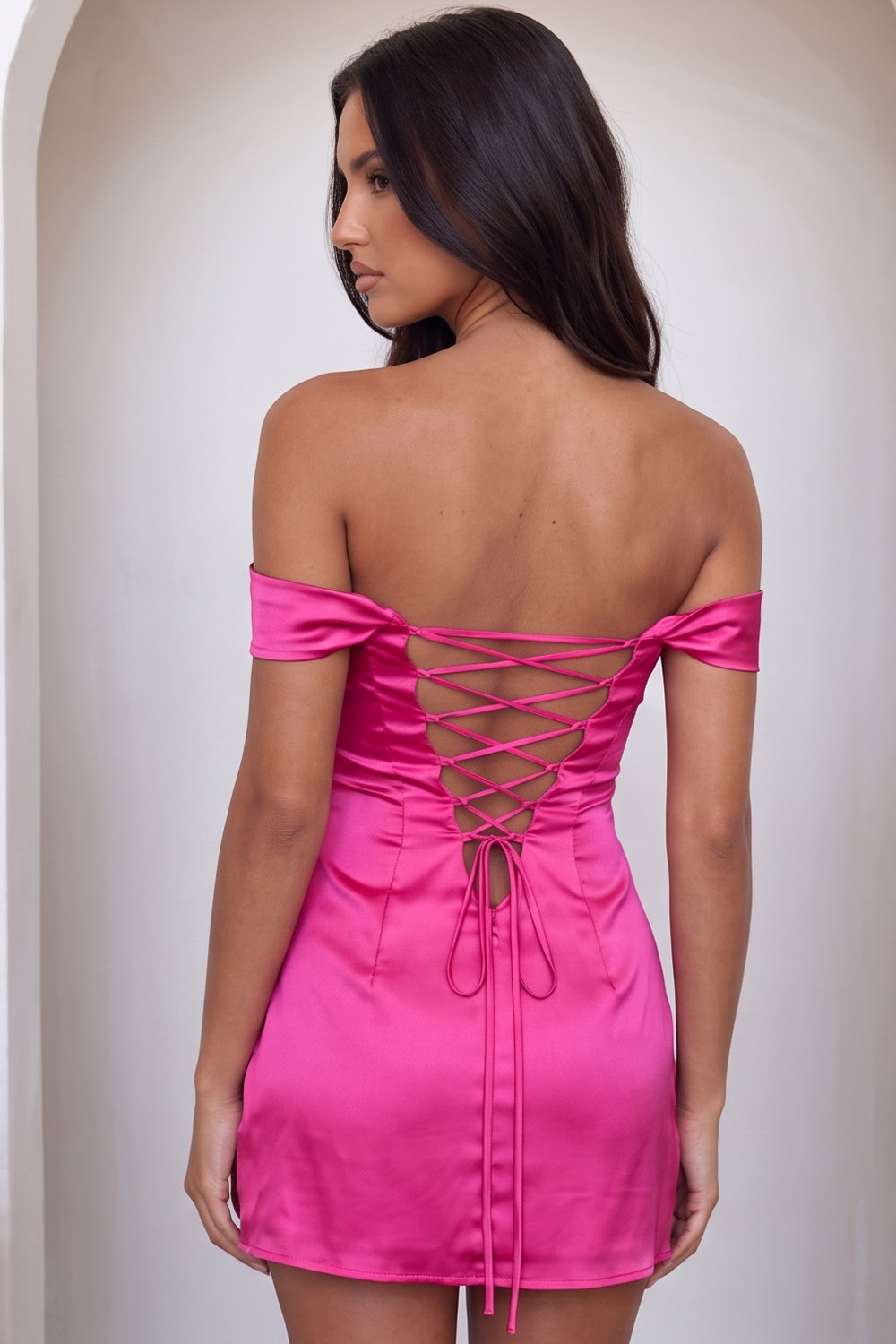 Pink Satin Bodycon Off the Shoulder Ruched Short Birthday Dress