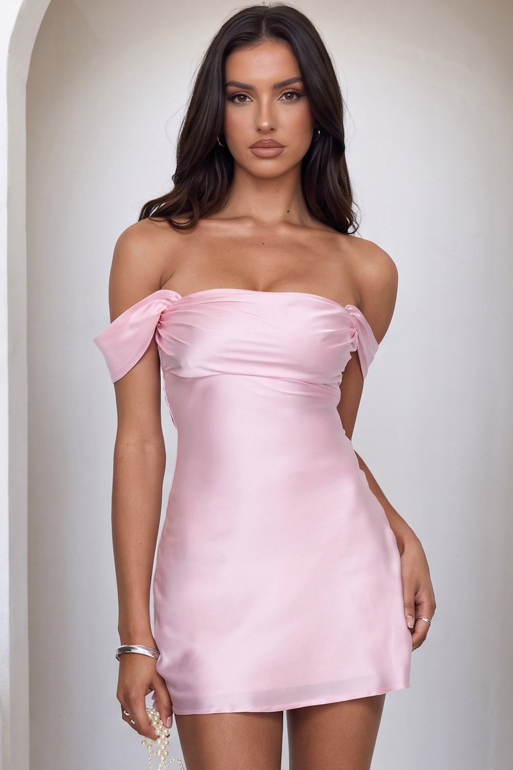 Hellymoon Women Pink Satin Bodycon Short Birthday Dress Off the Shoulder Ruched Lace Up Back Cocktail Dress