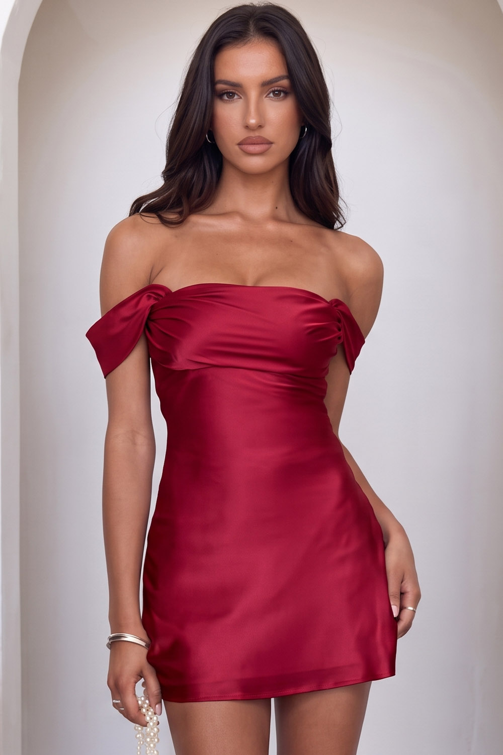 Pink Satin Bodycon Off the Shoulder Ruched Short Birthday Dress