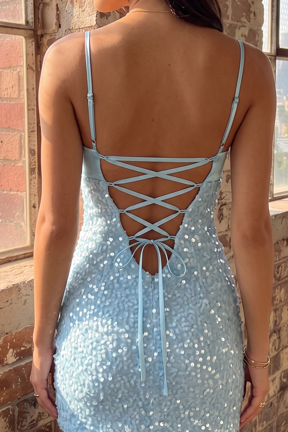 Light Blue Bodycon Spaghetti Straps Sequins Short Birthday Dress