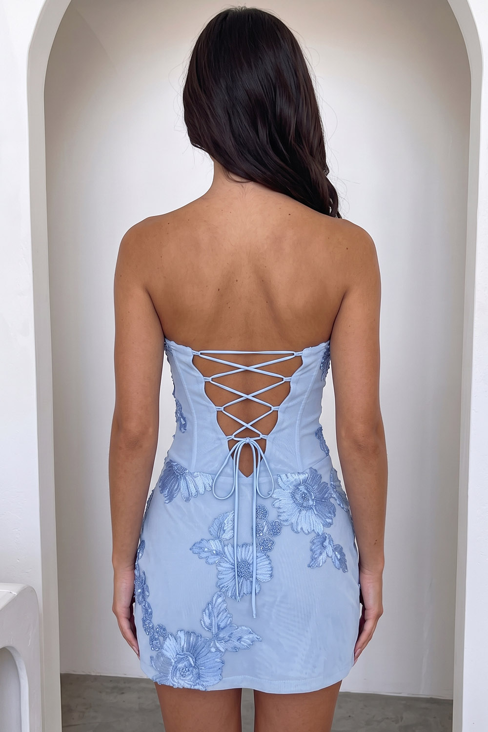 Light Blue Bodycon Strapless Floral Short Birthday Dress
