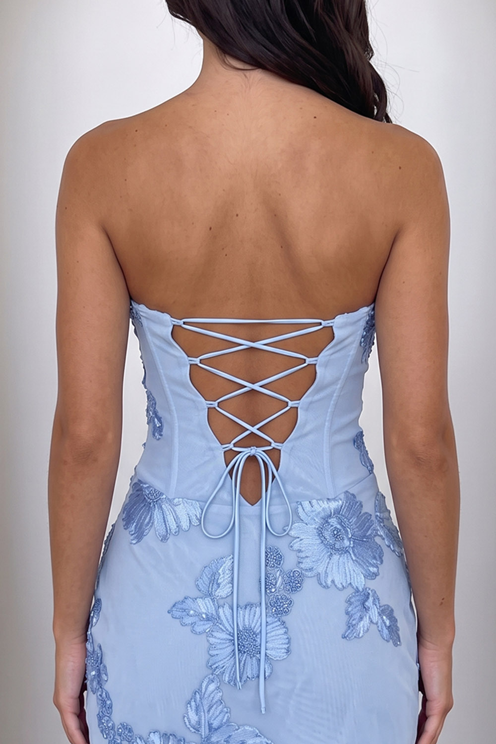 Light Blue Bodycon Strapless Floral Short Birthday Dress