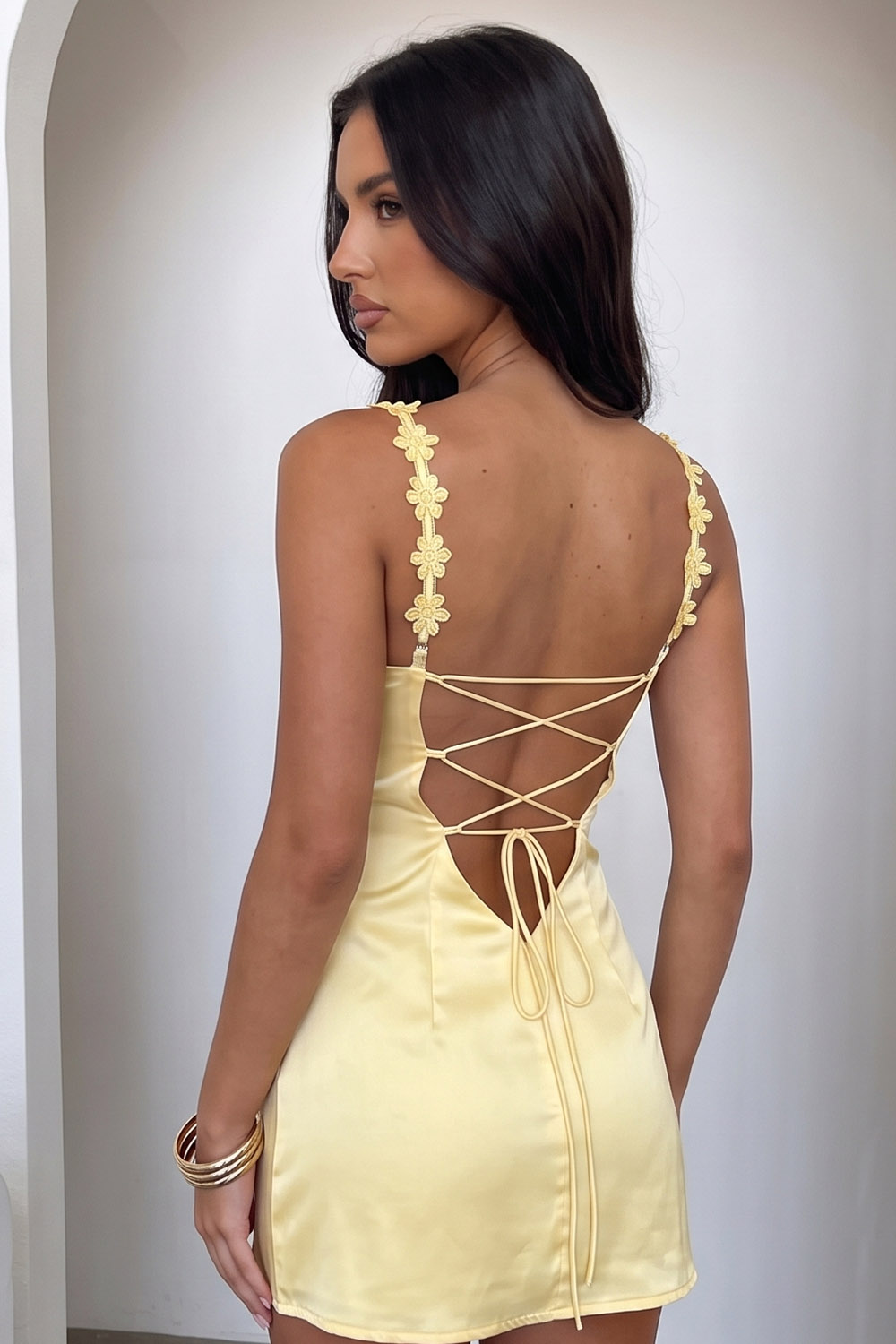 Daffodil Satin Bodycon Short Birthday Dress with Flowers