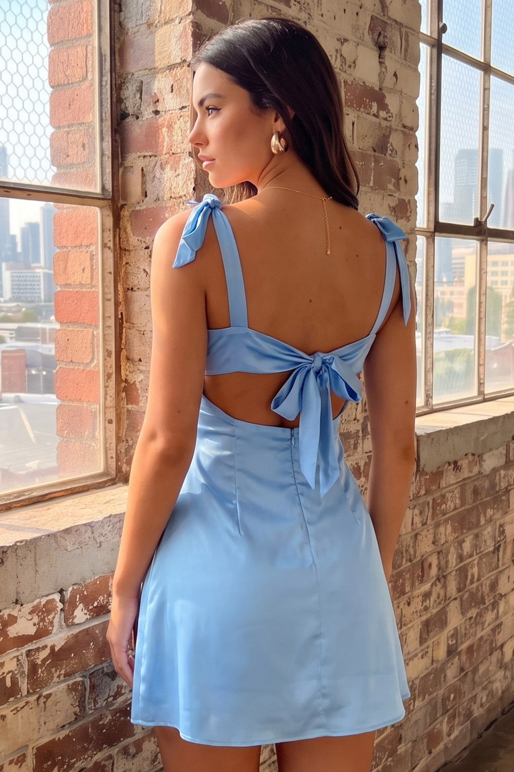Blue Satin Square Neck Ruched Short Birthday Dress with Bow