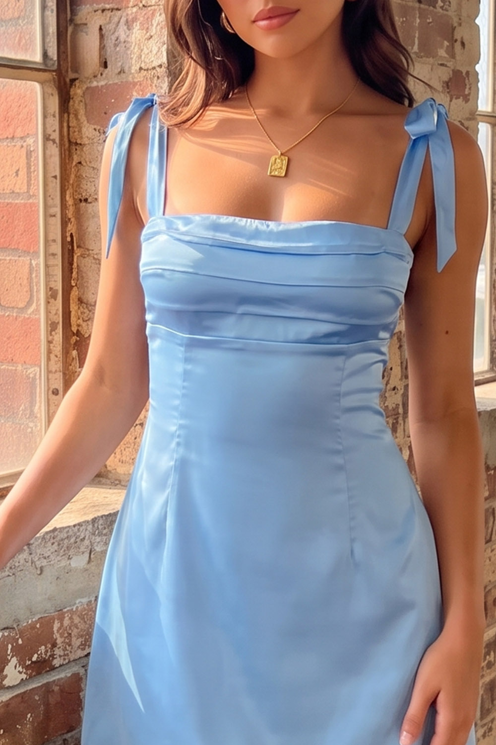 Blue Satin Square Neck Ruched Short Birthday Dress with Bow