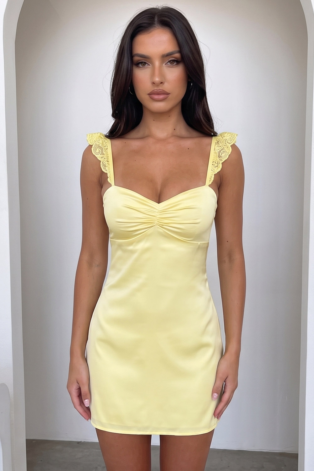 Daffodil Bodycon Ruched Short Birthday Dress with Lace