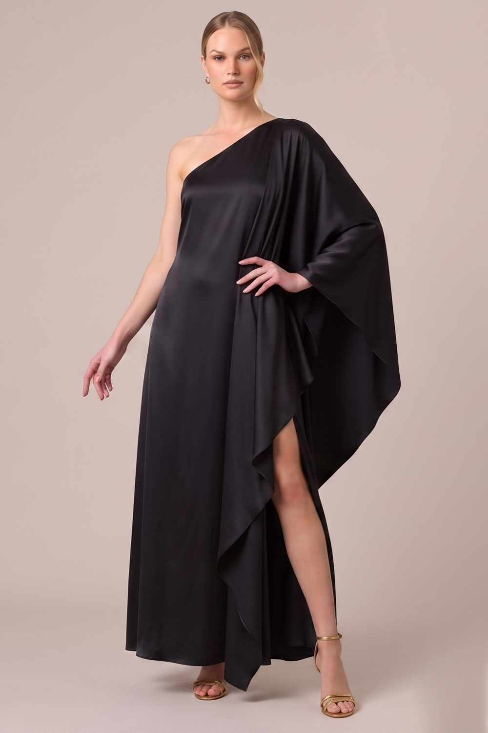 Black Satin Sheath One Shoulder Long Wedding Guest Dress with Slit