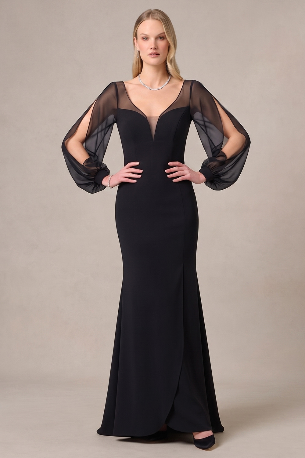 Black Mermaid V-Neck Long Sleeves Wedding Guest Dress