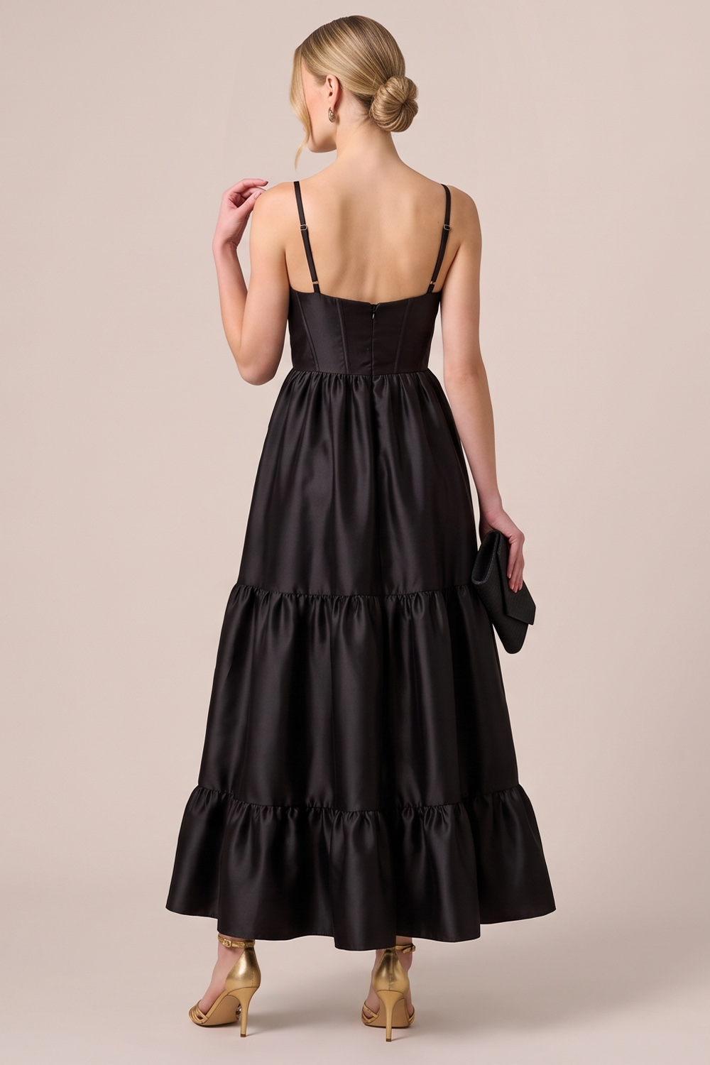 Black Corset Spaghetti Straps Ruffled Long Wedding Guest Dress