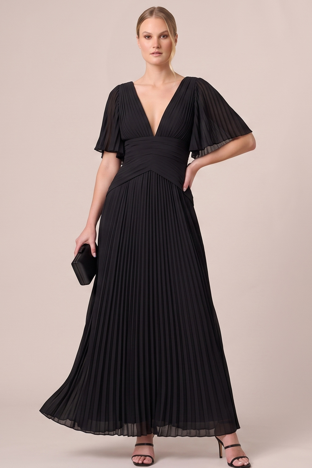 Black A-Line V-Neck Pleated Long Wedding Guest Dress