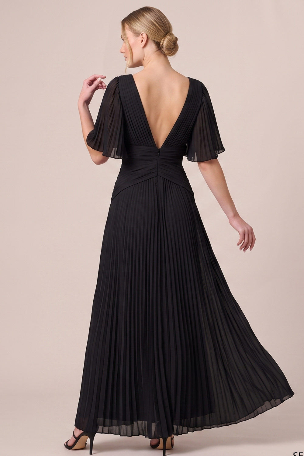 Black A-Line V-Neck Pleated Long Wedding Guest Dress