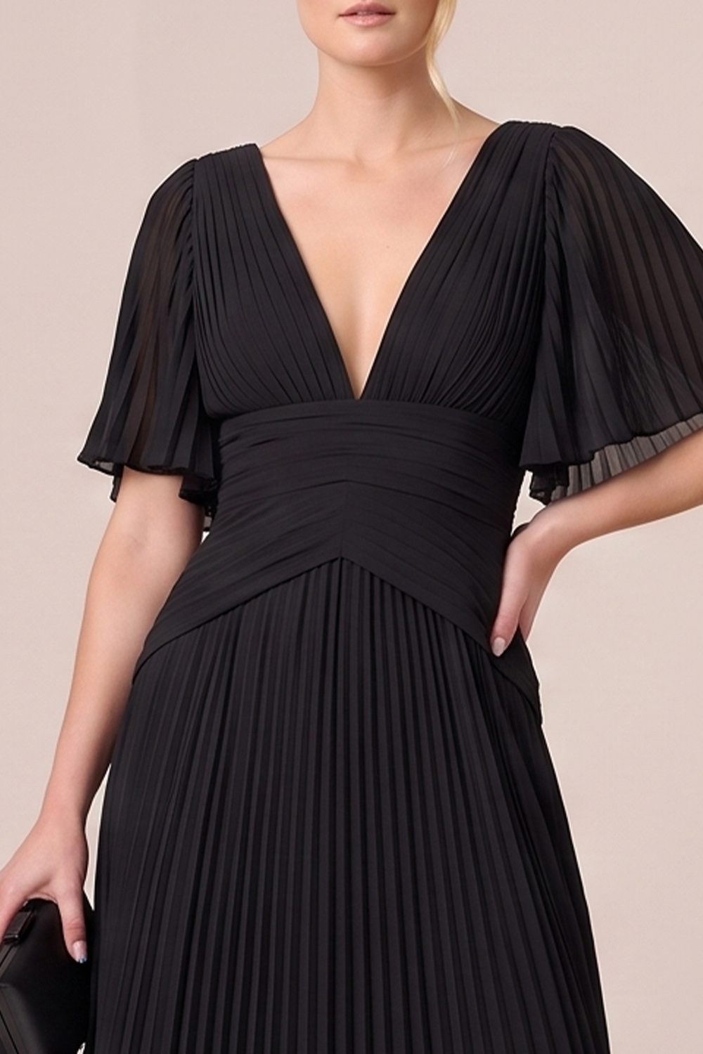 Black A-Line V-Neck Pleated Long Wedding Guest Dress