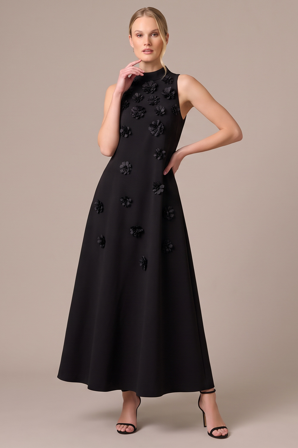 Black A-Line High Neck Long Wedding Guest Dress with 3D Flowers