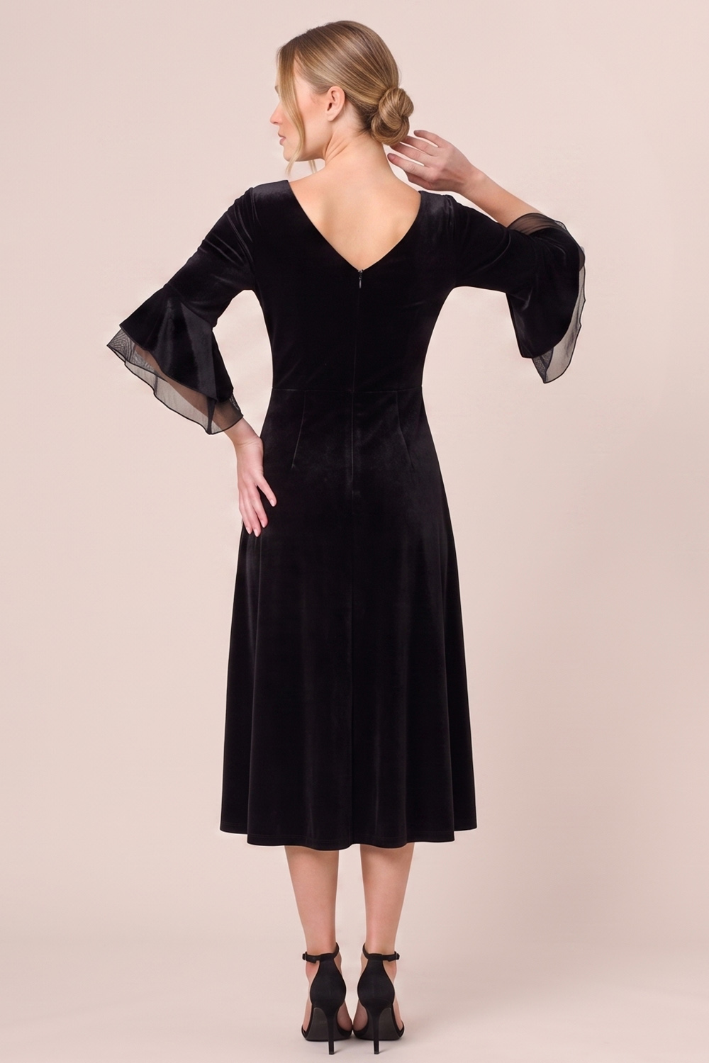 Black A-Line V-Neck Flare Sleeves Midi Holiday Party Dress with Pocket