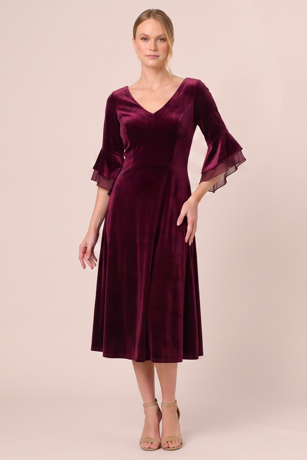 Black A-Line V-Neck Flare Sleeves Midi Holiday Party Dress with Pocket