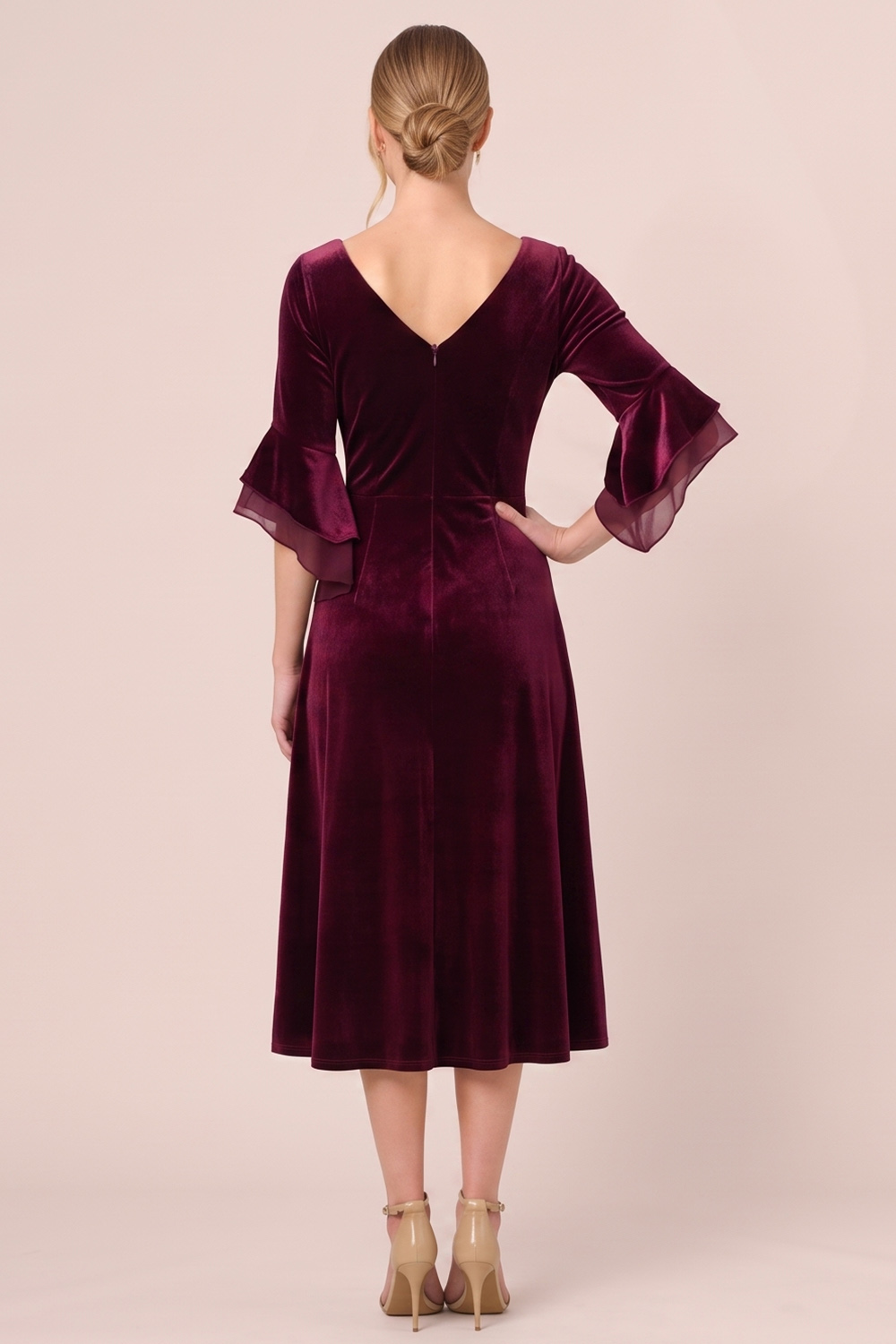 Black A-Line V-Neck Flare Sleeves Midi Holiday Party Dress with Pocket