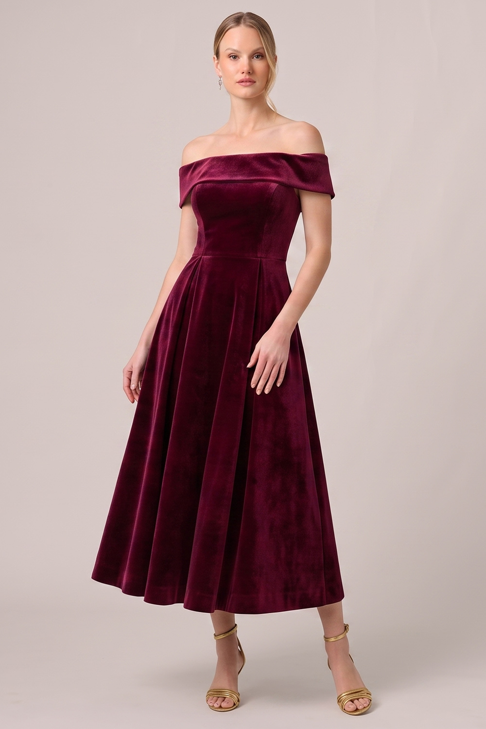 Burgundy A-Line Off the Shoulder Velvet Midi Holiday Party Dress