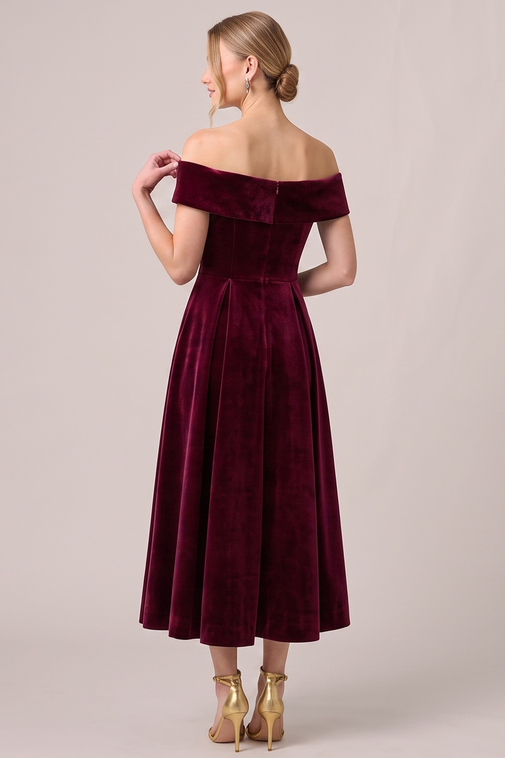 Burgundy A-Line Off the Shoulder Velvet Midi Holiday Party Dress