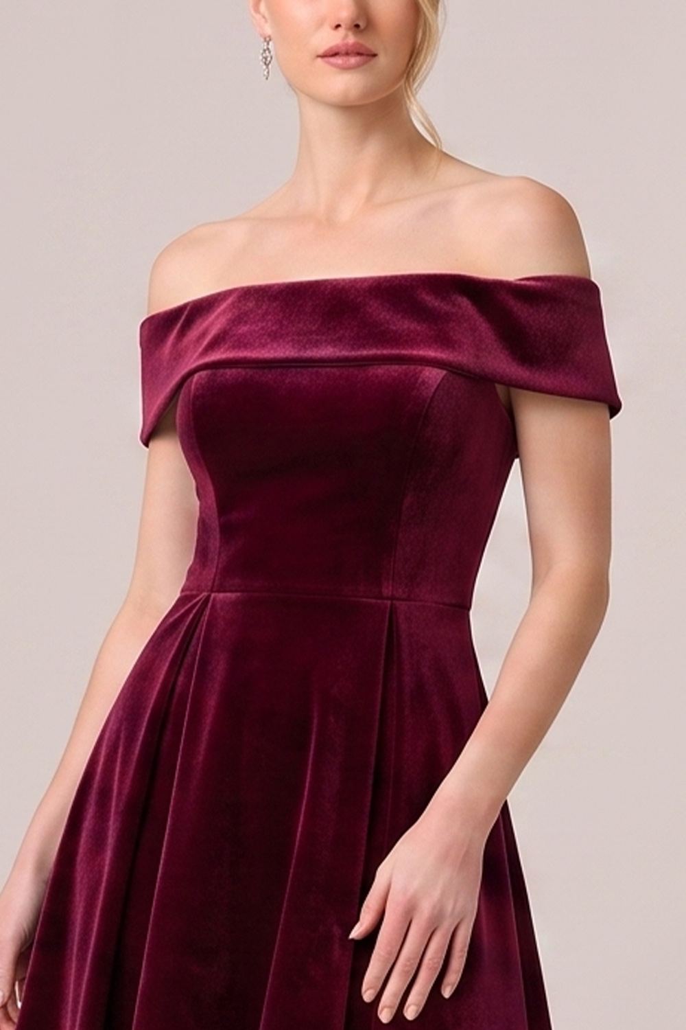 Burgundy A-Line Off the Shoulder Velvet Midi Holiday Party Dress