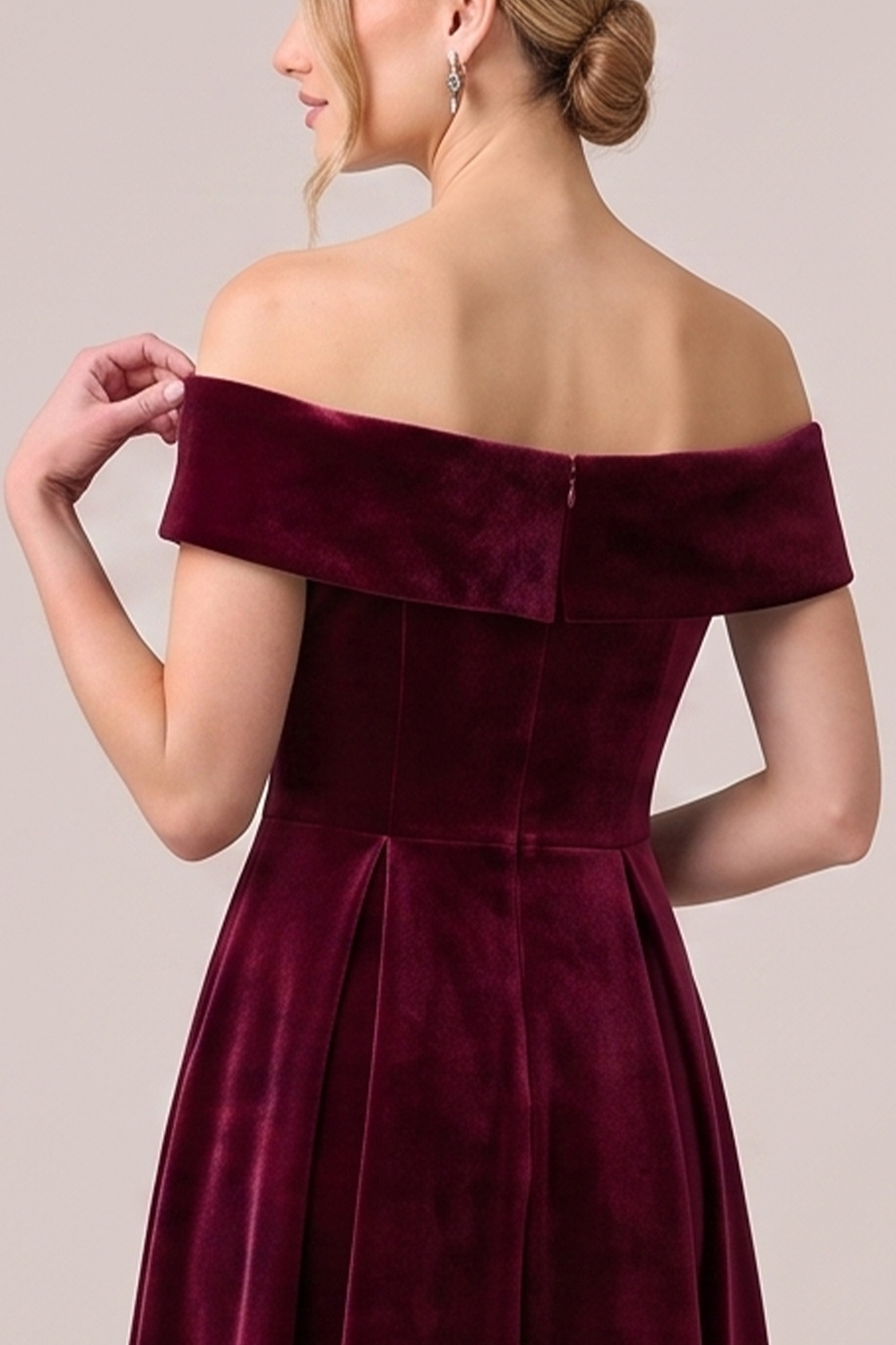 Burgundy A-Line Off the Shoulder Velvet Midi Holiday Party Dress