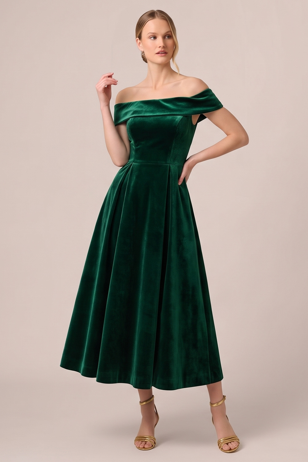 Burgundy A-Line Off the Shoulder Velvet Midi Holiday Party Dress
