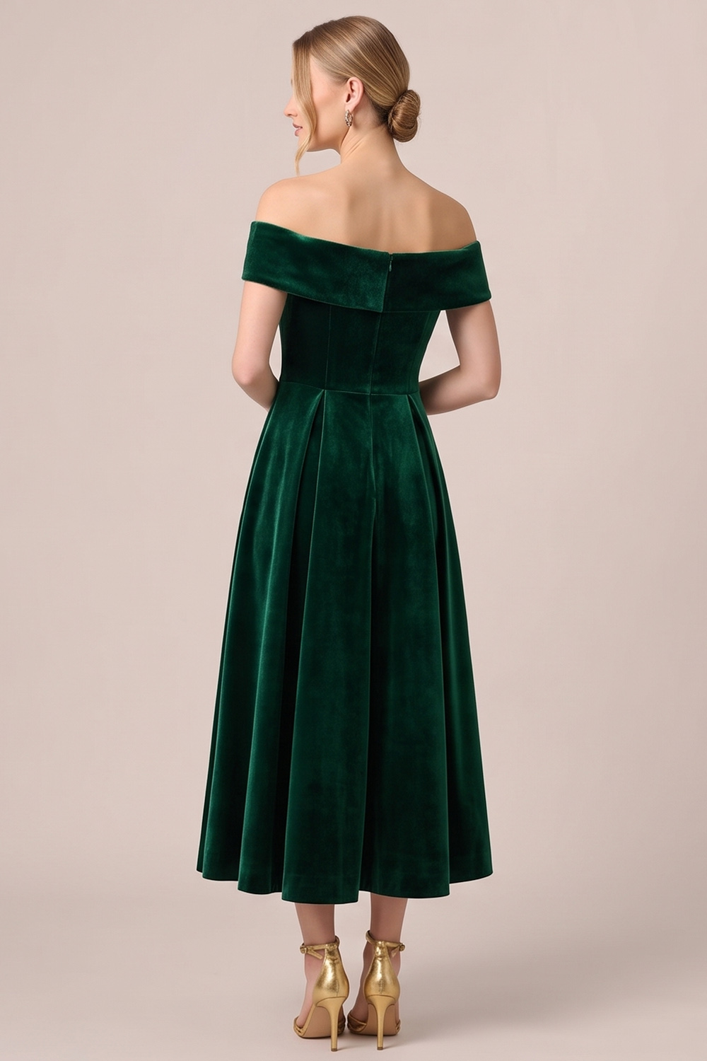 Burgundy A-Line Off the Shoulder Velvet Midi Holiday Party Dress