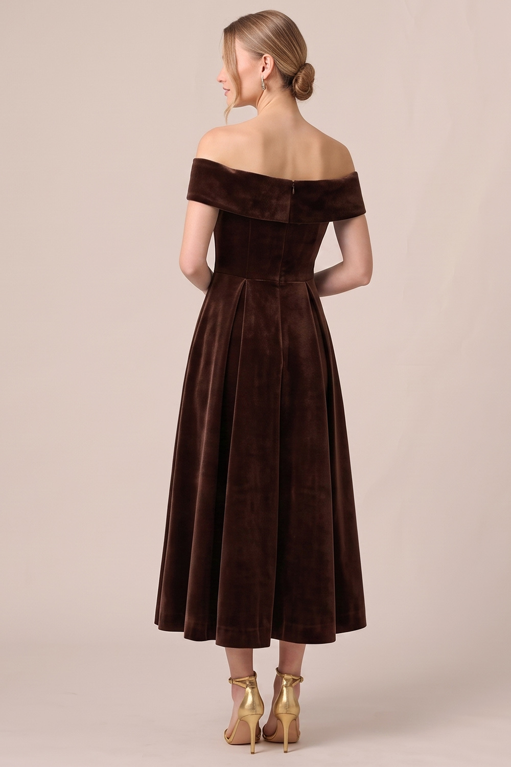 Burgundy A-Line Off the Shoulder Velvet Midi Holiday Party Dress