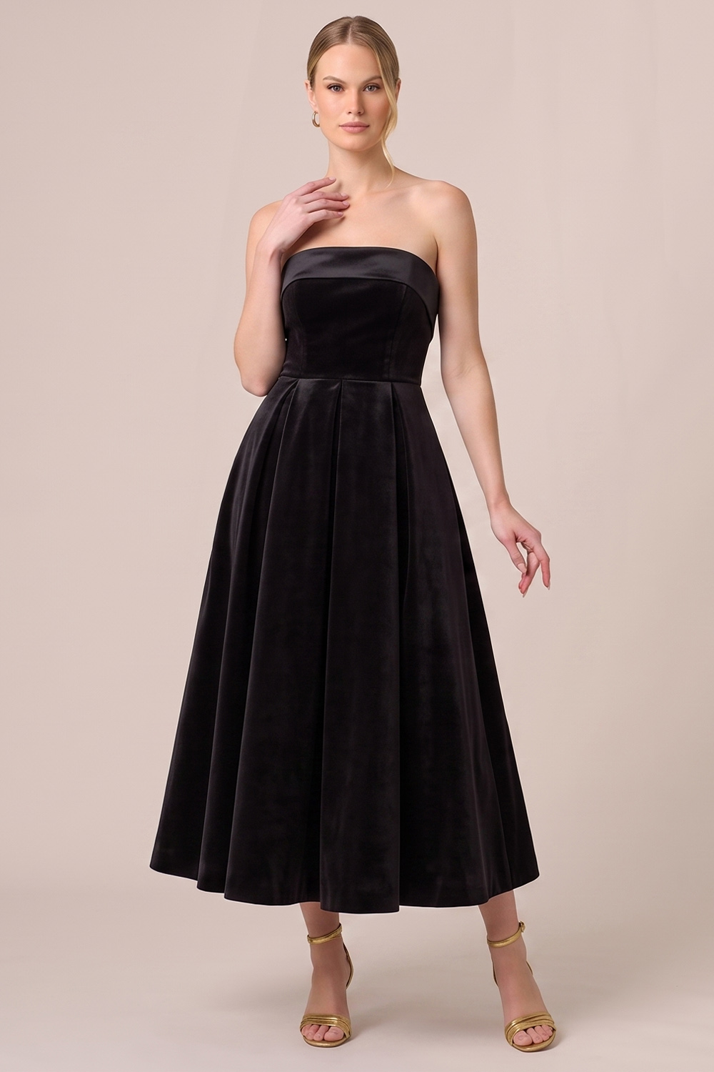 Black A-Line Strapless Velvet Midi Holiday Party Dress
