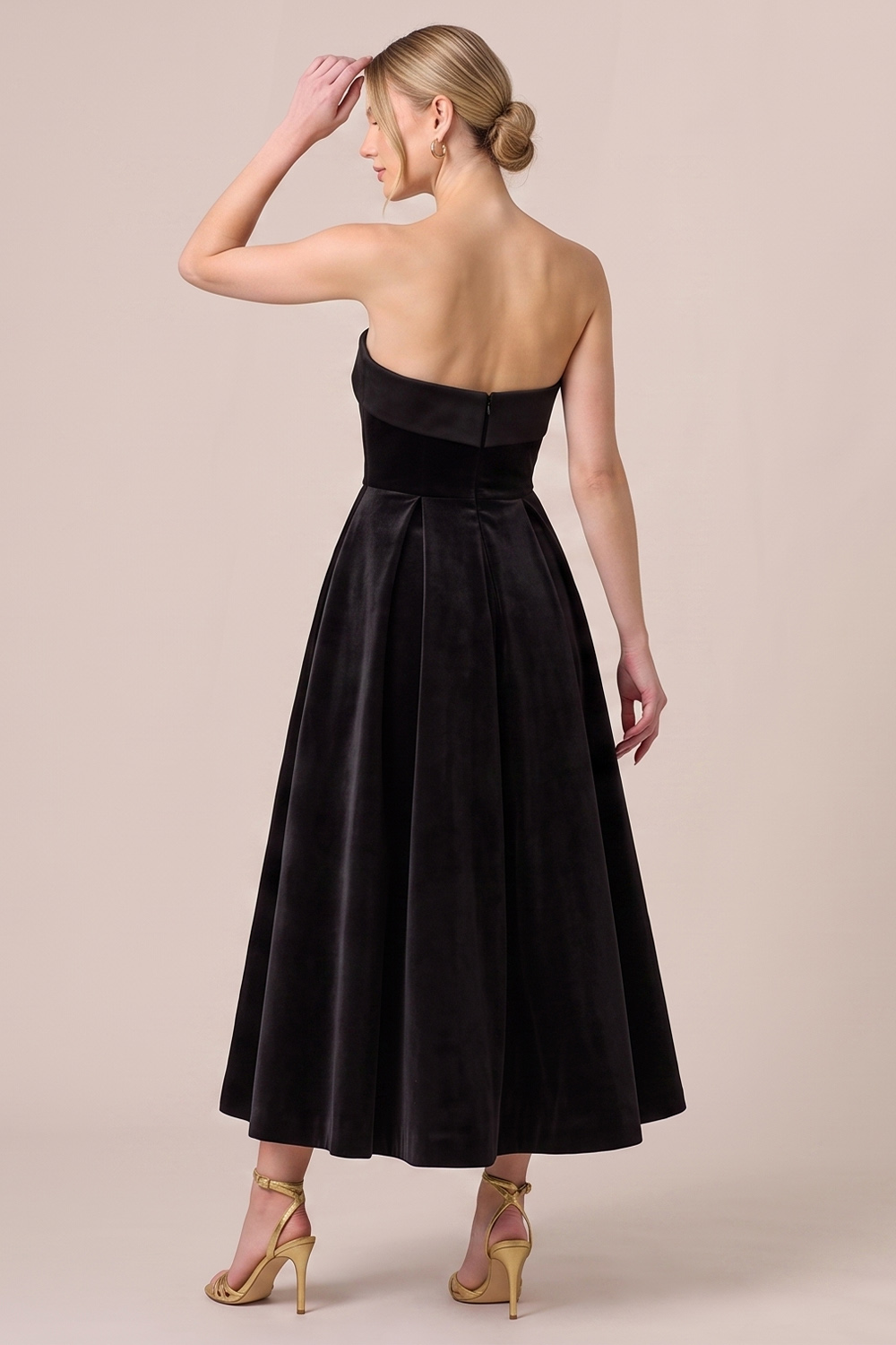 Black A-Line Strapless Velvet Midi Holiday Party Dress