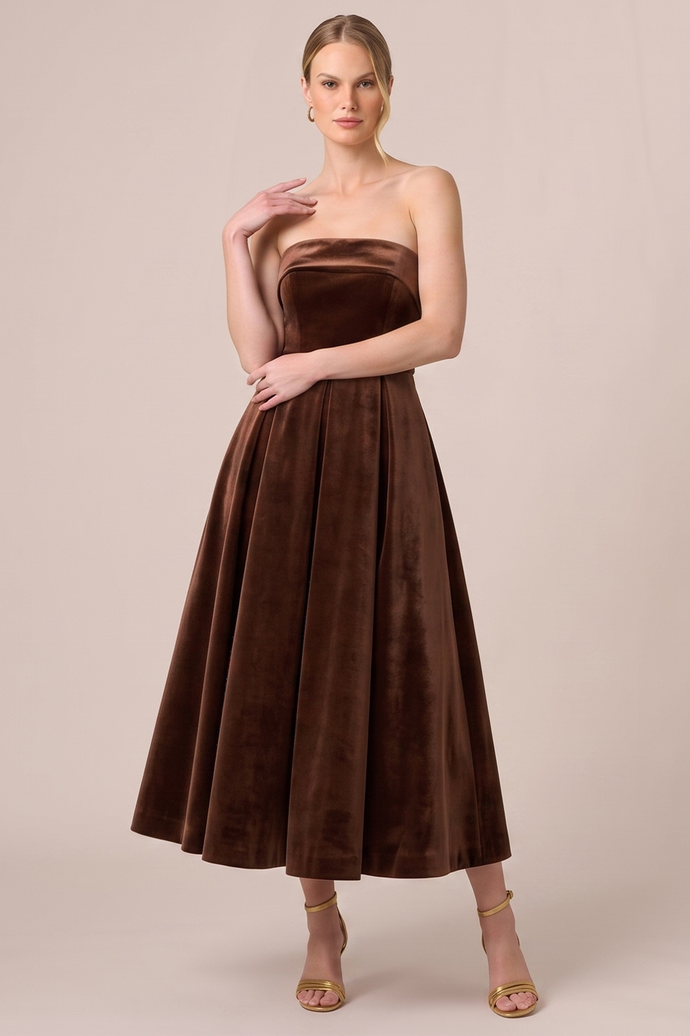 Black A-Line Strapless Velvet Midi Holiday Party Dress